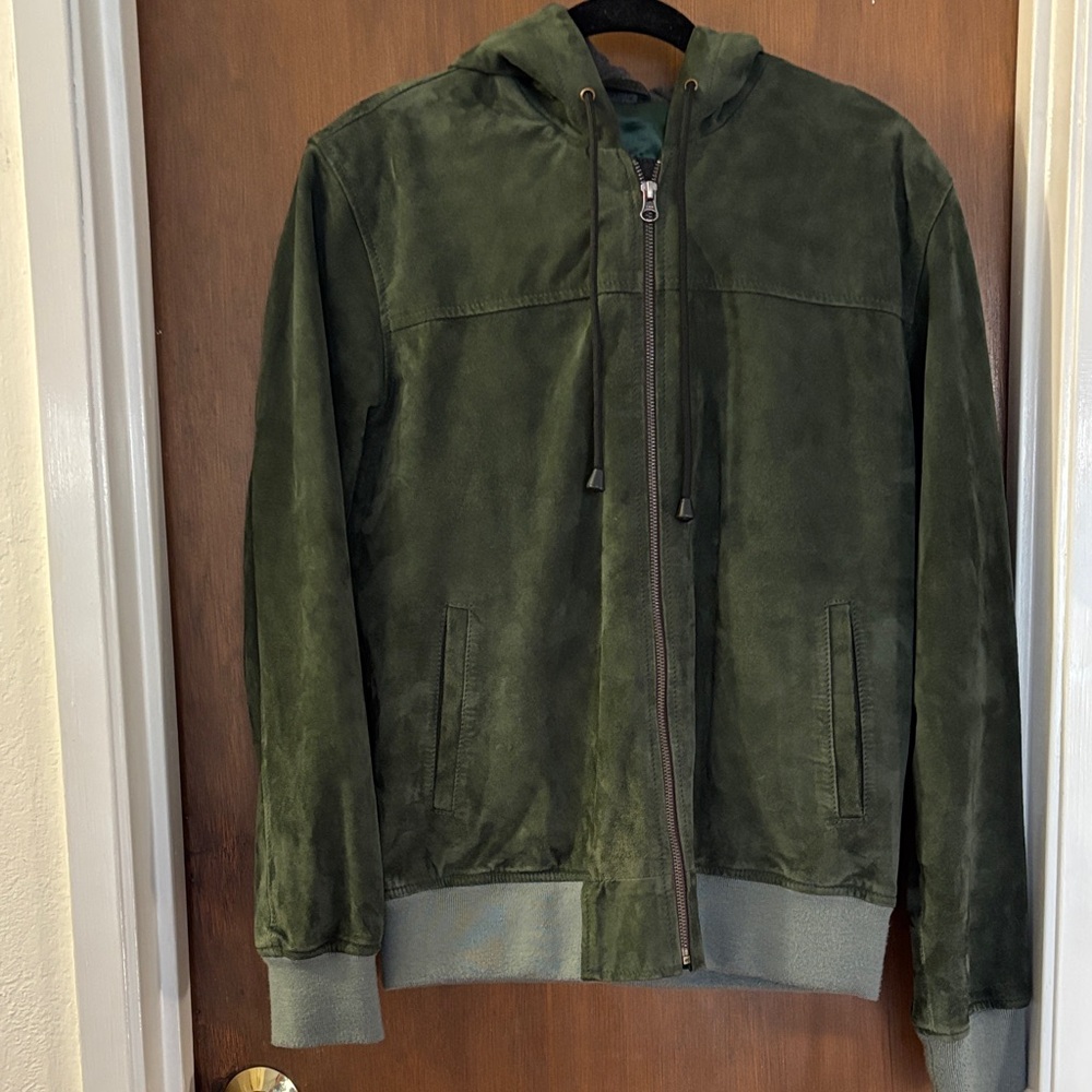 Classic Genuine Soft Suede Hooded Jacket Green Men’s Small